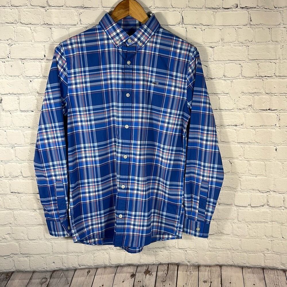 Vineyard Vines Boys Performance Button up Blue Plaid‎  size XL Long Sleeve